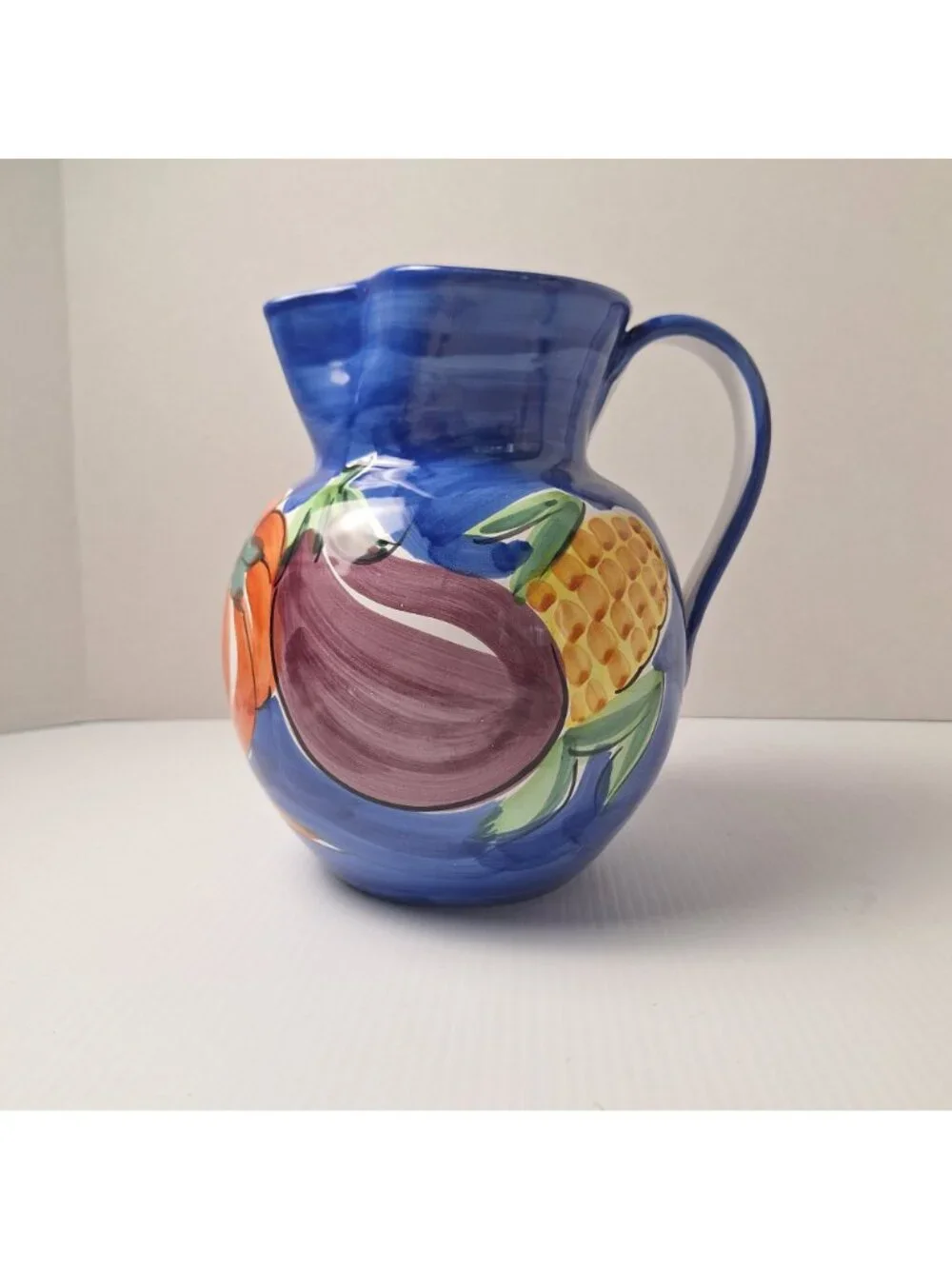 PIER 1 HANDPAINTED ITALIAN CERAMIC PITCHER/JUG VIBRANT COLORS VEGETABLE PATTERN